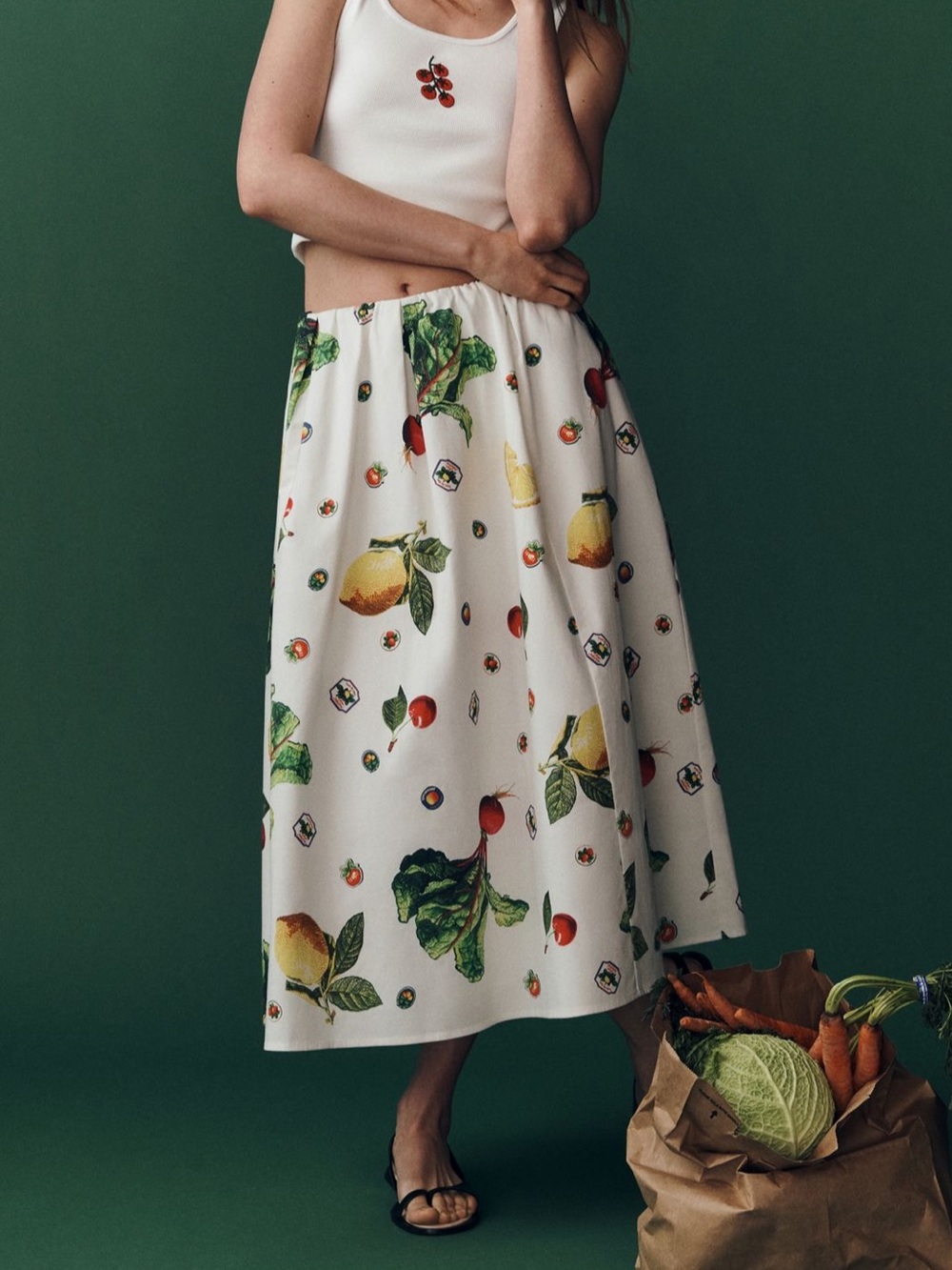 Maeve White Maxi Skirt with Fruit & Leaf Print-Jace Poplin